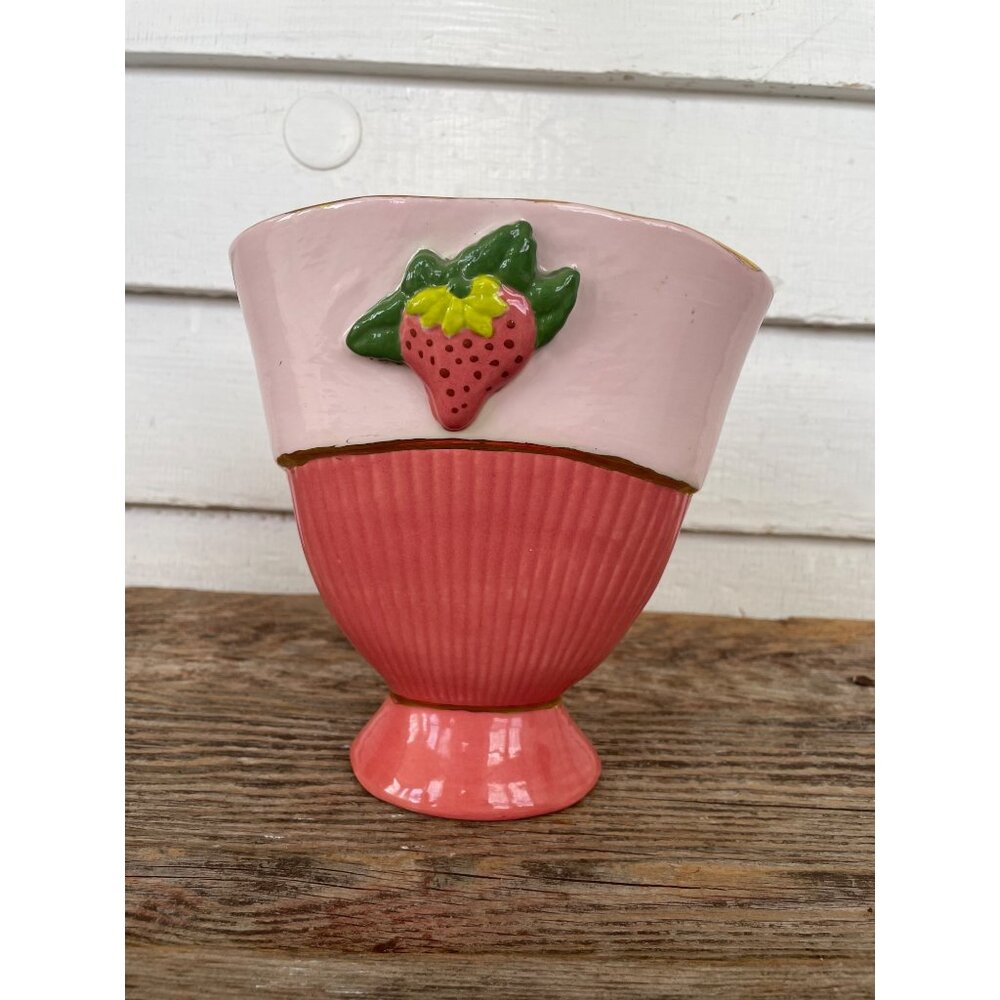 Vintage 1960s Red wing Pottery Fan Vase Strawberry Embellished Retro